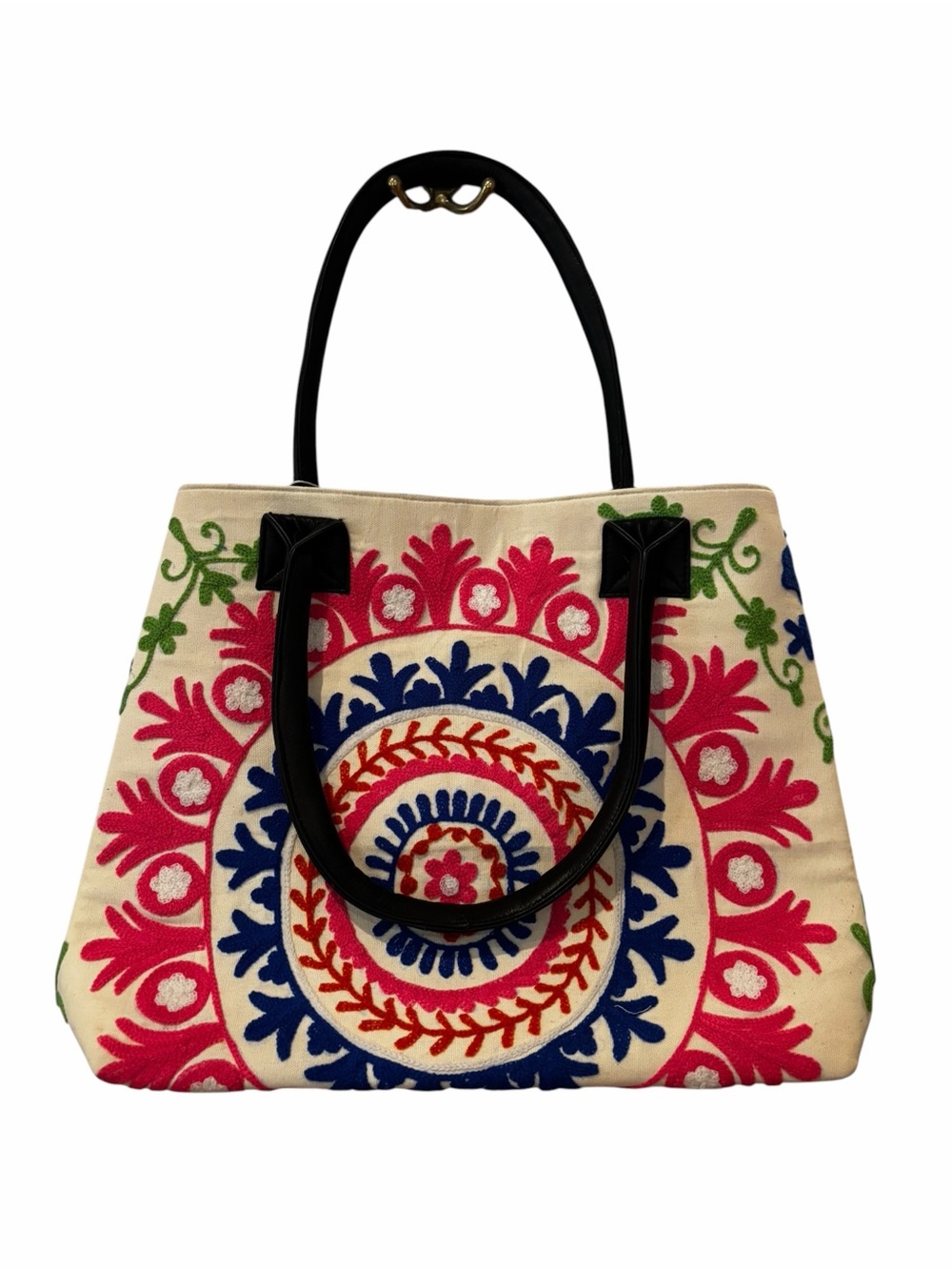 Raj Embroidered Floral Tote Bag Genuine Leather Handles Boho Multicolor